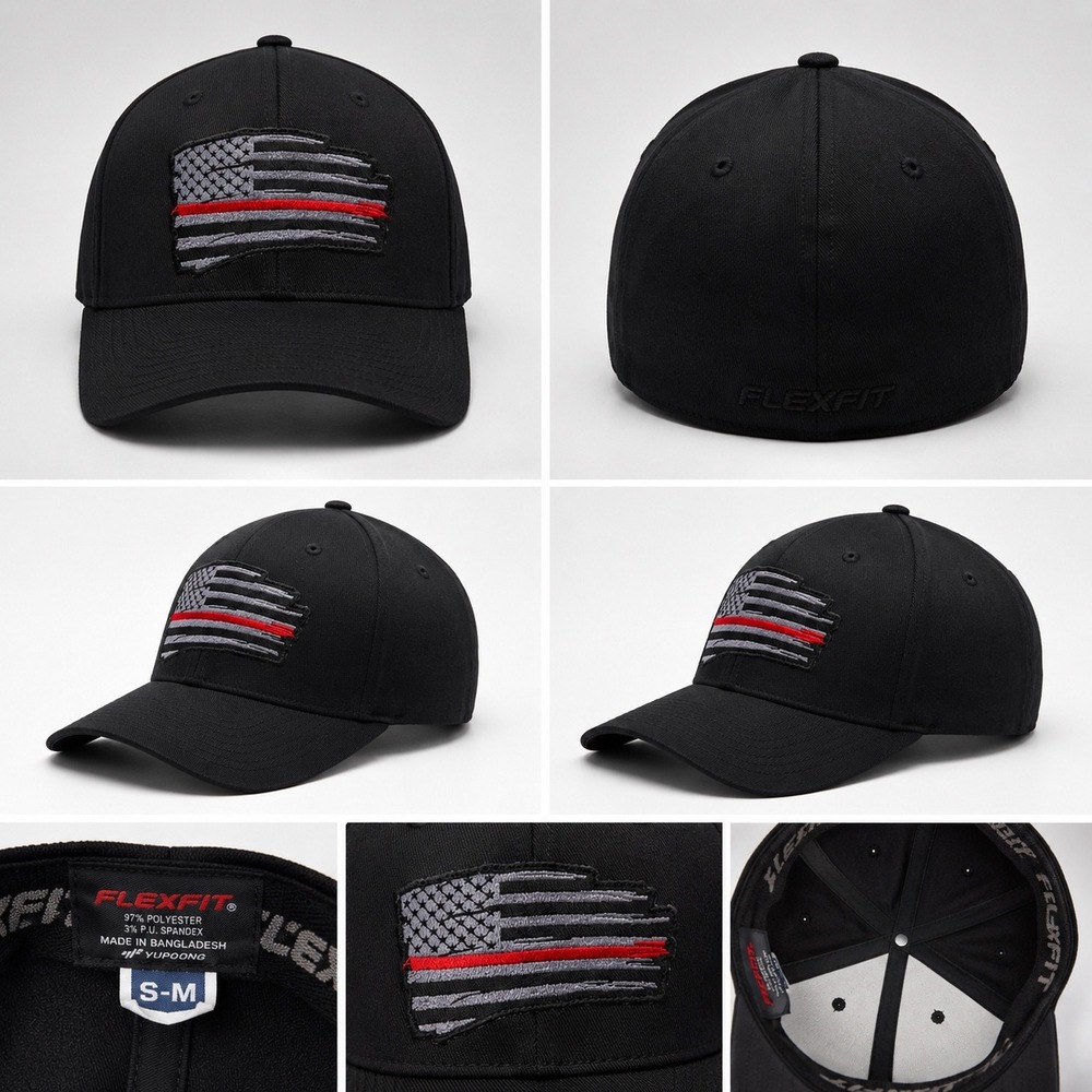 Thin Red Line American Flag Flexfit Hat Black‎ First Responder Support EMS S/M